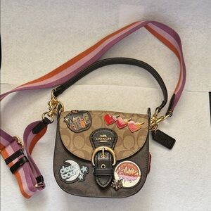 Coach Tan and Brown Crossbody Bag with Colorful Patches